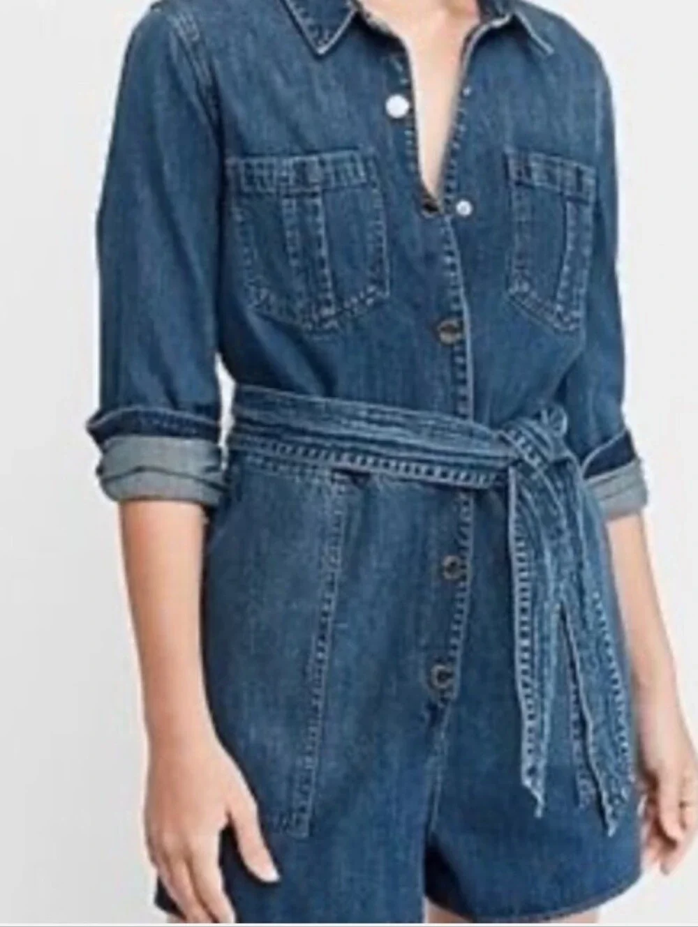 Express Denim Jean Romper Size Large – Button Front Belted Blue Jean Romper for - Picture 2 of 7